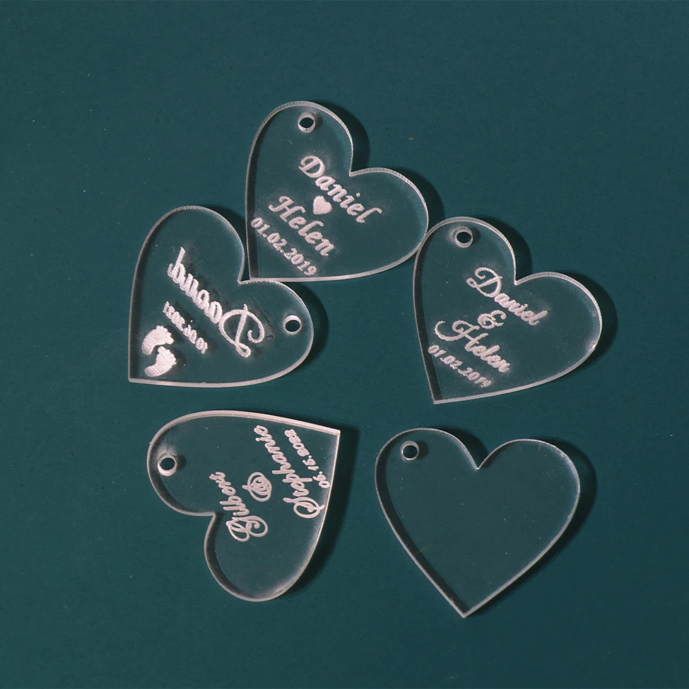 20/50/100Pcs Personalized Acrylic Love Heart Tag Engraved Custom Wedding Name Baby Baptism Mirror Gold Tag Decoration Gift