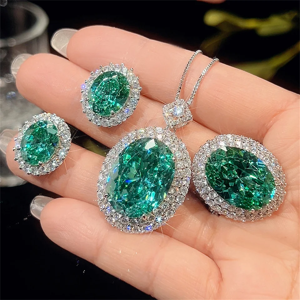 

Pigeon Egg Emerald Rings Necklaces Earrings Jewelry Set Light Luxury Chepara Green Oval Green Diamond Ring Jewelry Set For Women