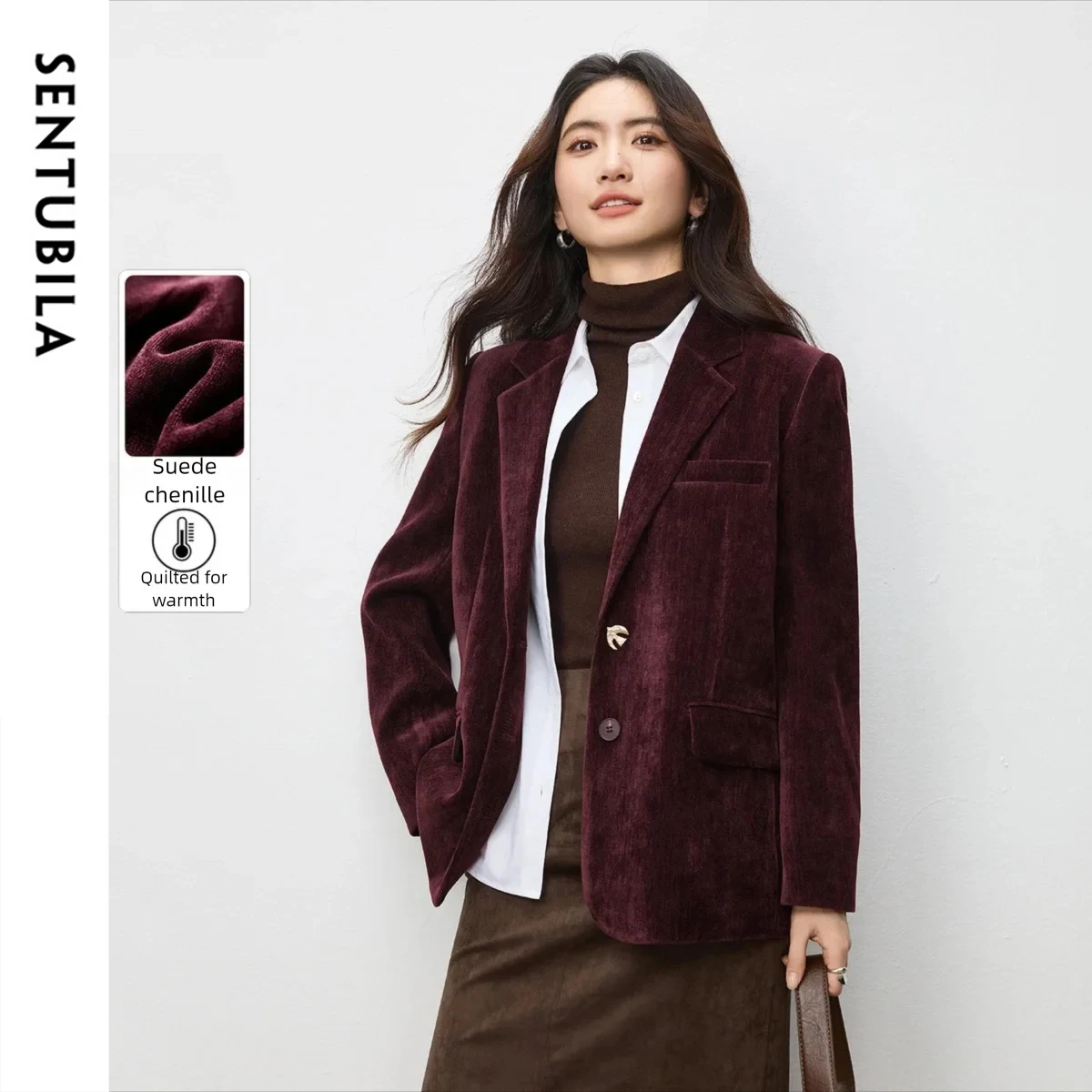 

SENTUBILA Women's Winter Jackets for Woman 2025 Turn-down Collar Long Sleeve Coats Classic Solid Double Breasted Tops 154XC2156