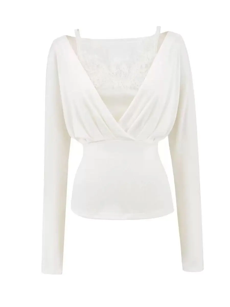 Spicy Girl Pure Desire Lace under Shirt Women's Long Sleeve V-Neck T-Shirt Inner Wear Base Shirt Design Sense Autumn Season