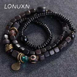 Barrel Beaded Multilayer 108 Bead Black Wood Mala Beads Natural Ebony Tibetan Buddhist Handmade Bracelet For Women Men Unisex