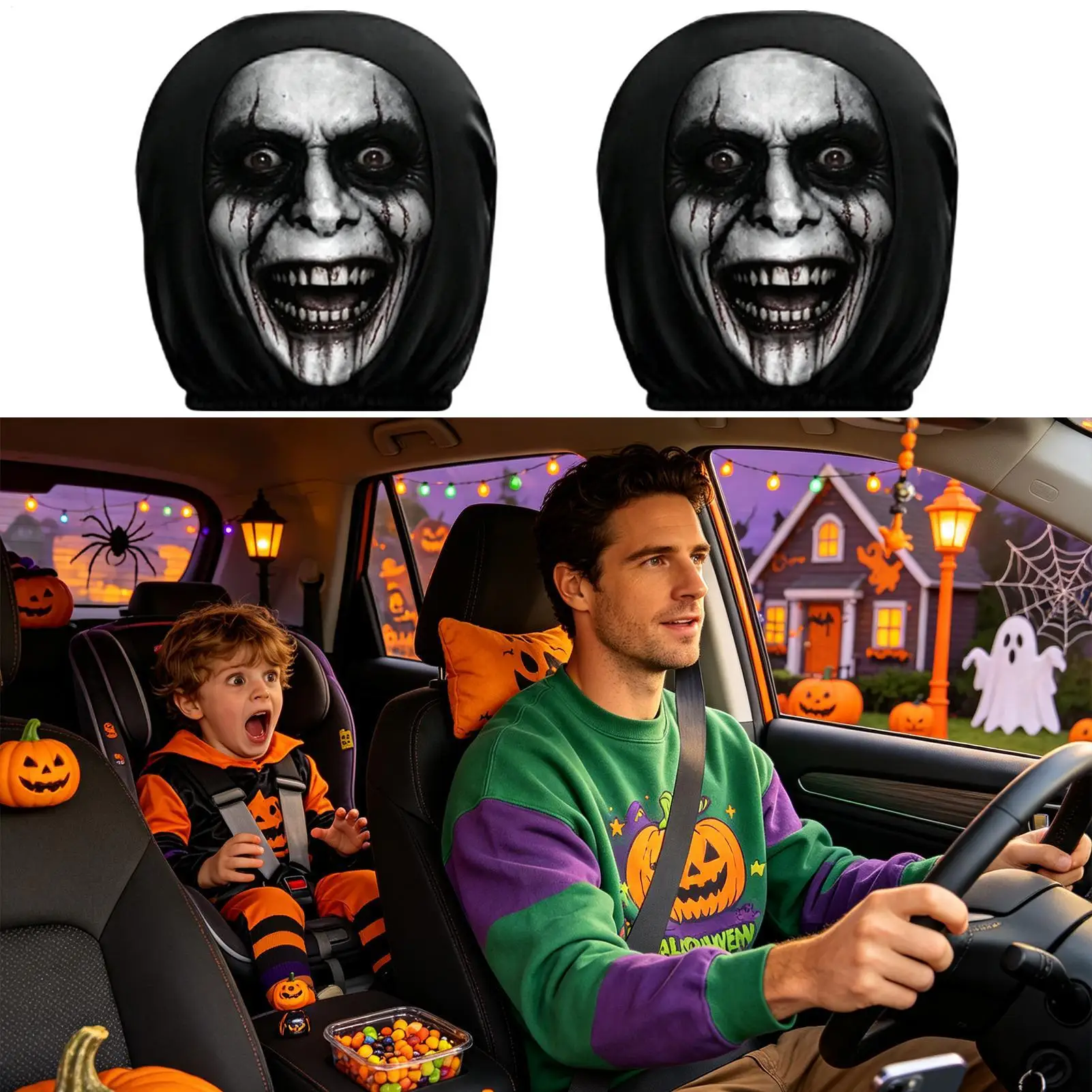 Halloween Headrest Cover for Cars 2 Pieces Halloween Ghost Face Print Holiday Automobile Seat Headrest Cover for Sedan Truck