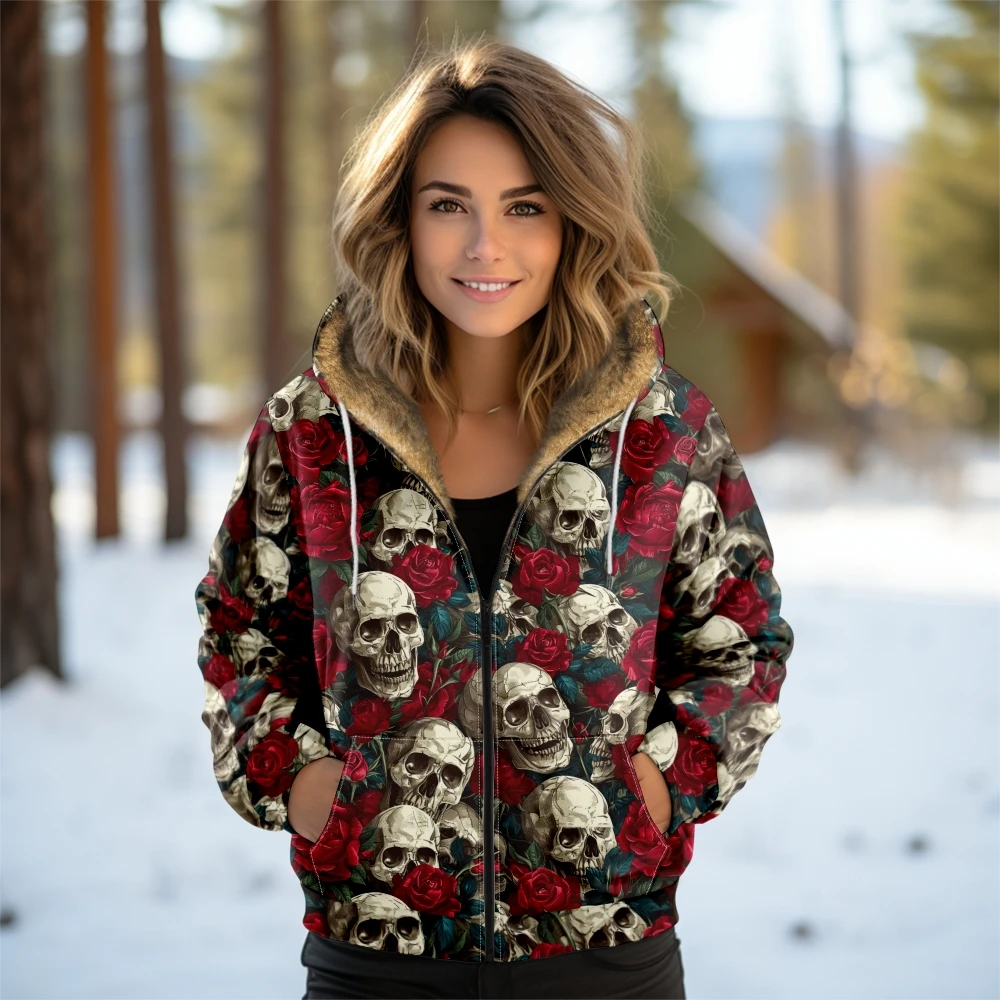 Y2k gótico feminino hoodie coração crânio impressão preto zip up jaqueta inverno quente velo forrado casaco bonito moda fuzileiro streetwear