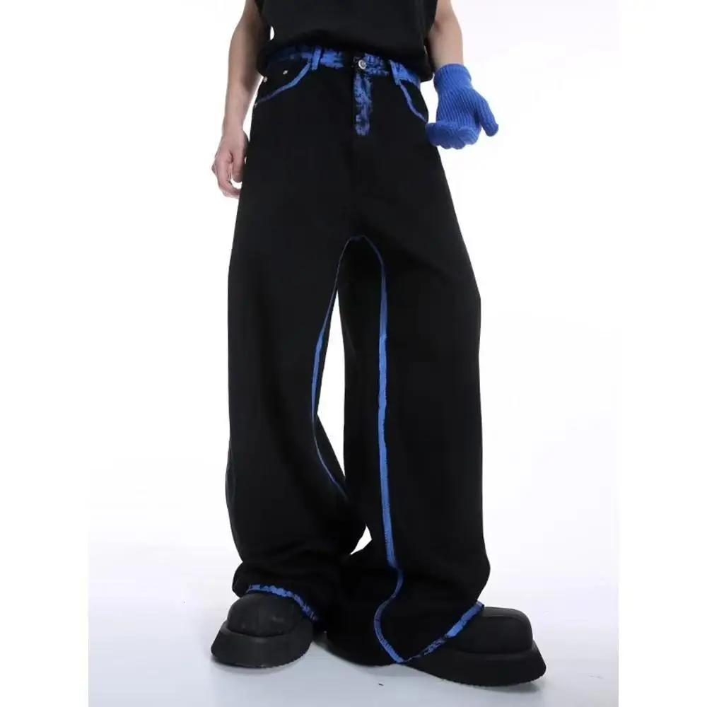 

2025 American fashion street washing contrast striped men jeans Y2k straight loose Harajuku high street men and women trousers
