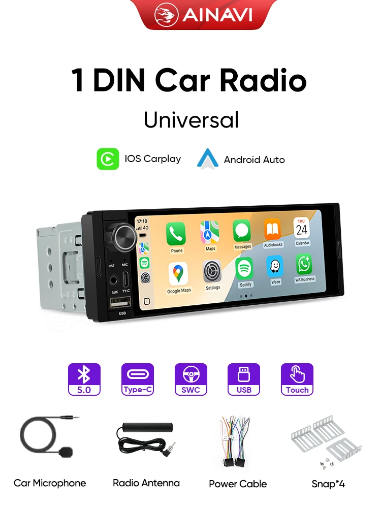 AINAVI Universal 1 Din 6,36 Zoll Autoradio K40 Wireless Carplay Android Auto HD 1280*720 IPS Touchscreen mit FM BT 5.0 Typ-C USB Linux Auto Multimedia Autoradio Stereo