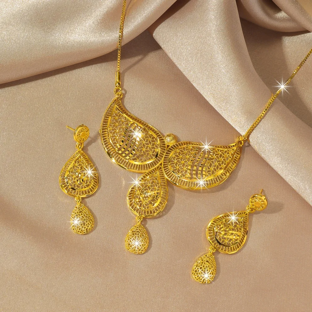 Luxury 24K 9999 Pure Gold real gold Bride Necklace Earrings Two-piece Middle East Dubai Wedding Moon Water Drop Necklace suit