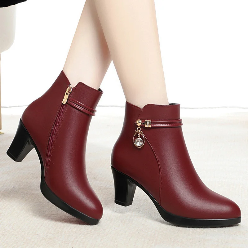 Autumn Winter New High-heeled  Women\'s Thick-heeled Short Ankle Boots Versatile Non-slip High Heel Warm Plush Snow Boots