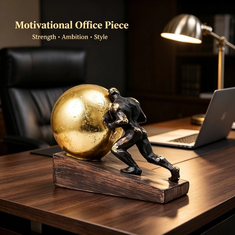 Sisyphus Pushing Gold Ball Resin Statue, Motivational Art Sculpture for Office & Home Decor