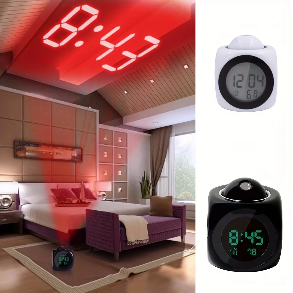 LCD Projection LED Display Time Digital Alarm Clock Talking Voice Prompt Thermometer Snooze Function Desk (Battery Not Included)