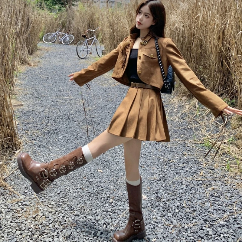 Vintage Brown Skirt Two Piece Set Y2K Long Sleeve Shorts Jackets and Mini Pleated Skirts with Belt Suit Autumn Outfit for Women