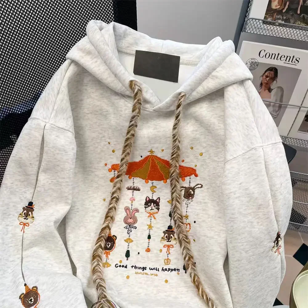 

American Y2k Aesthetic Small Animal Cartoon Embroidery Anime Hoodie Women Sweatshirt Casual Chic Drawstring Kawaii Tops Autumn