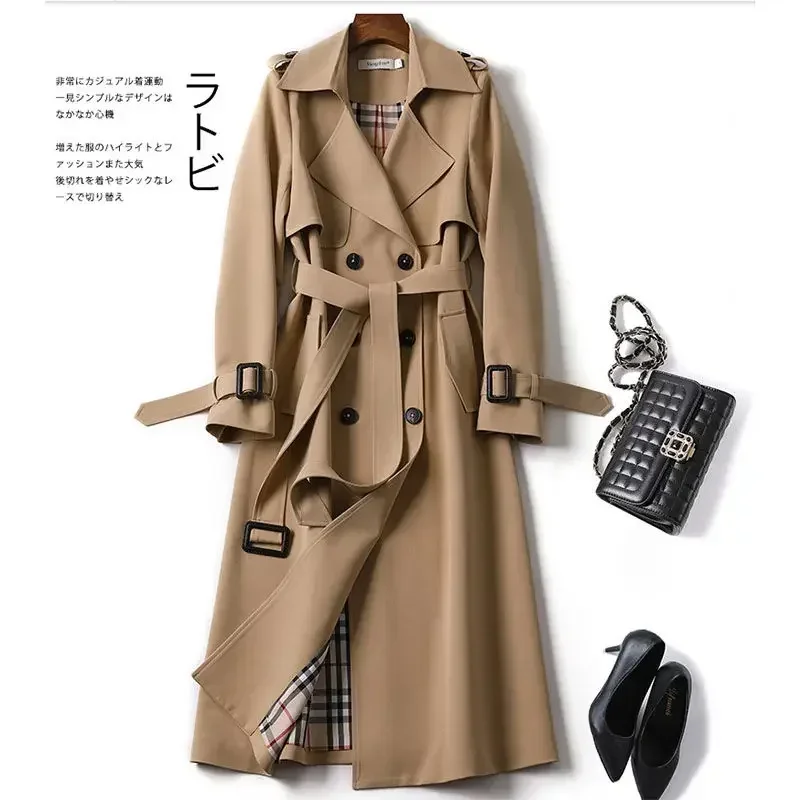 High quality double layer casual windbreaker long spring and autumn new style versatile British style knee-high coat for women