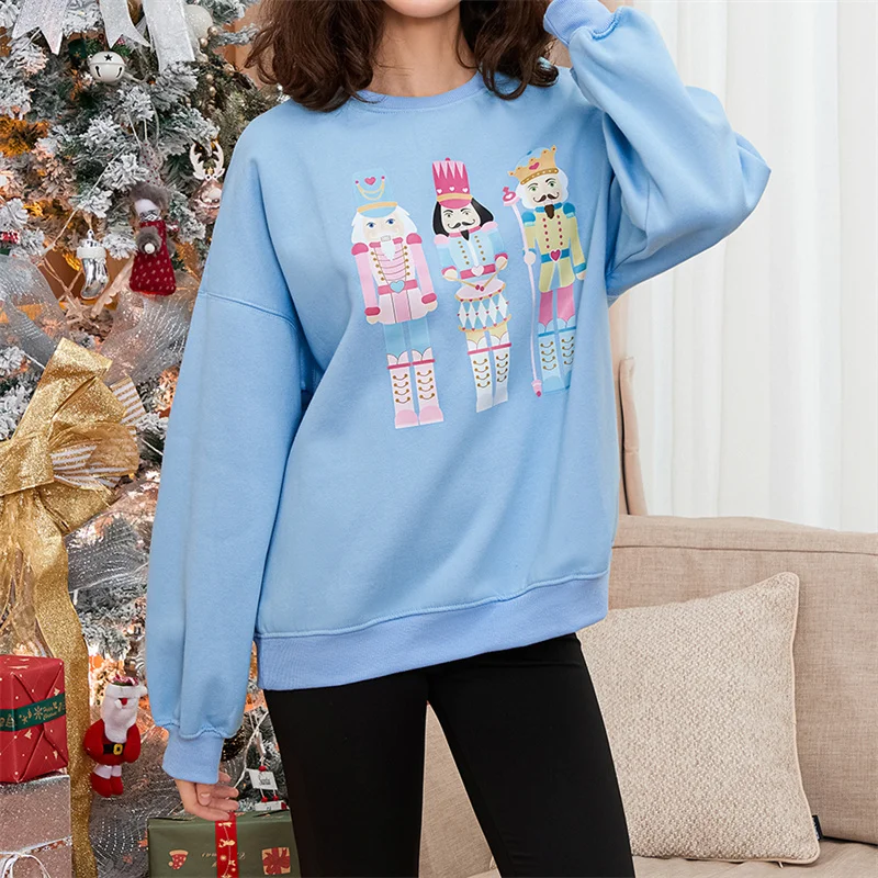 Women Cute Sweatshirts Christmas Nutcracker Print Long Sleeve Pullovers Casual Fall Workout Tops Streetwear