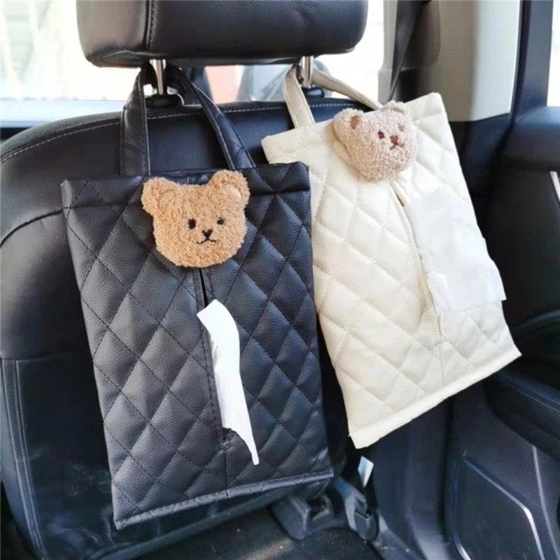 Portable Tissue Box Hanging Bag Versatile Storage Solution with Lovely Bear Pattern Lightweight for Car & Travel