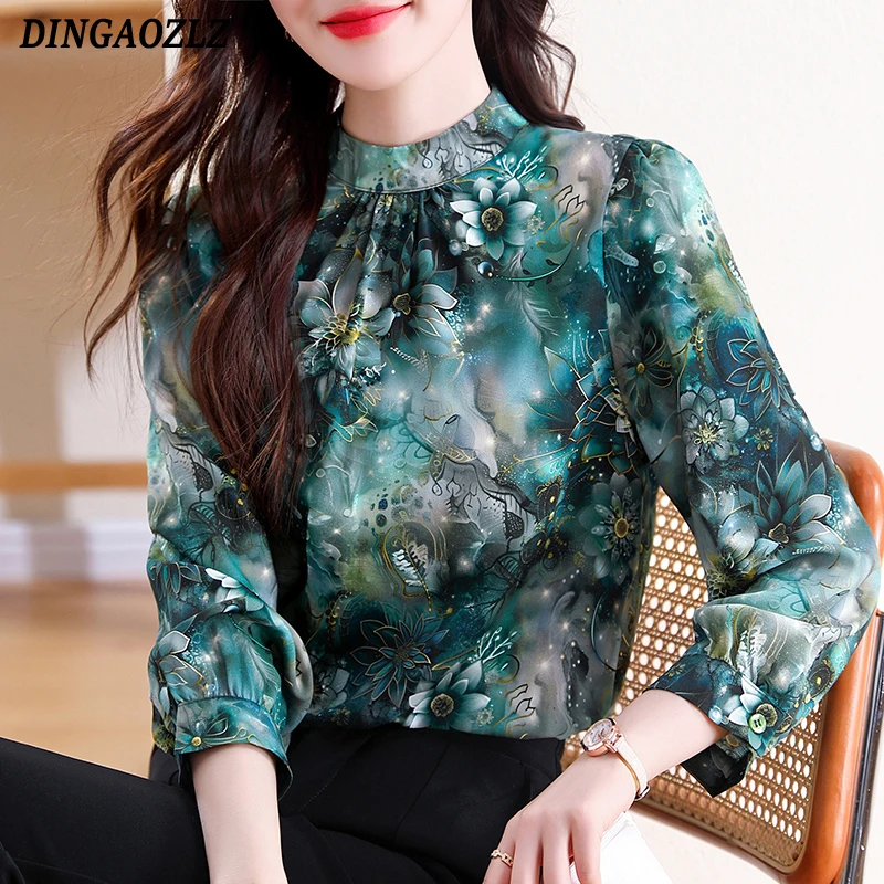 

Elegant Fashion Floral Printed Shirt Stand Collar Long Sleeve Women Blouse 2025 Spring OL Tops