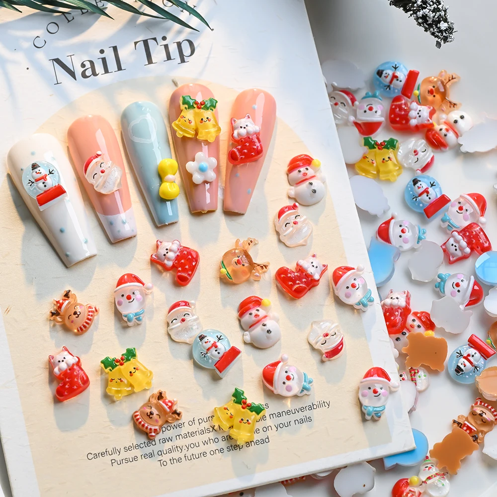 50개/봉지 3D 레진 크리스마스 네일 참 귀여운 눈사람 엘크 산타클로스 네일 아트 라인스톤 크리스마스 겨울 네일 장식