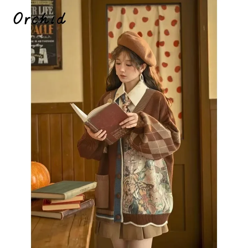 Stylish Vintage Oversized Cardigan Sweater Renaissance Style Loose Knitwear Harajuku Cartoon Knitted Coats Female Clothing