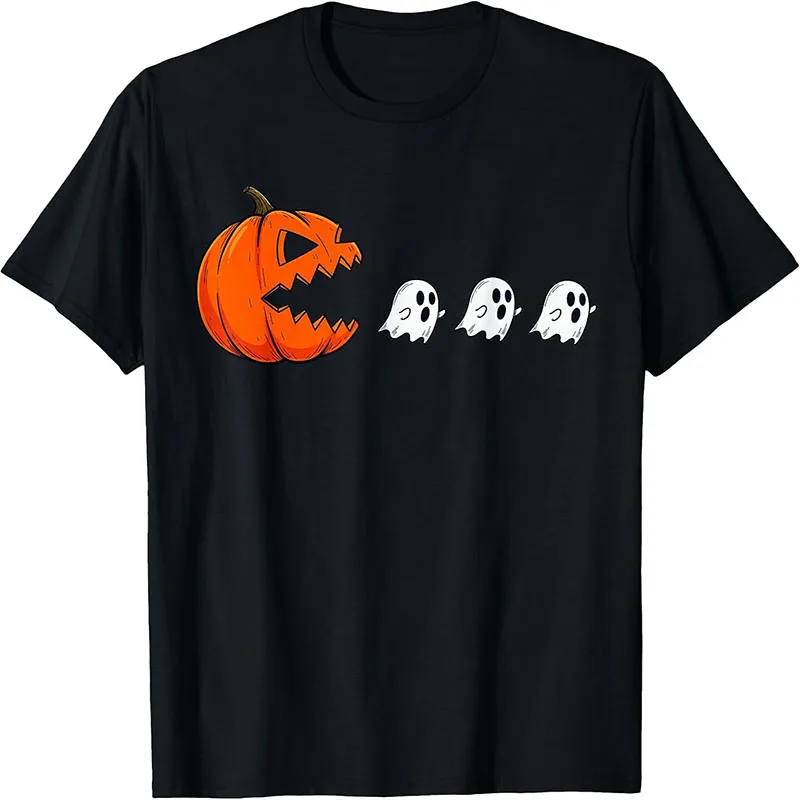 Cute Jack O Lantern Chasing Ghosts Funny Halloween Cartoon Graphic T Shirt Spooky Season Pumpkin Ghost Short Sleeve Tee Tops