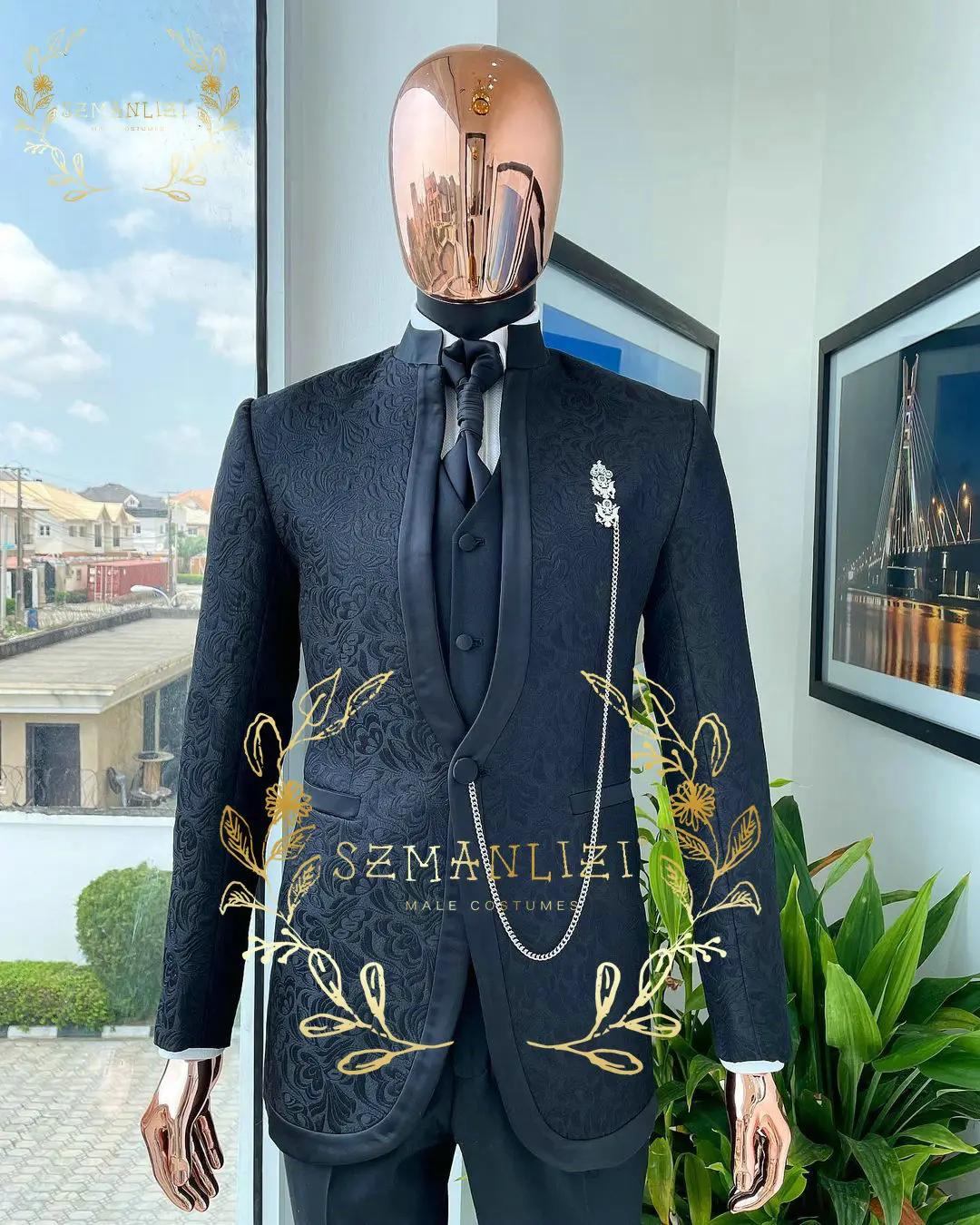 Wedding Suits For Men 2022 Italian Style Men Suit Black Standard Collar Single Breasted Slim Fit Floral Groom Tuxedo Costumes