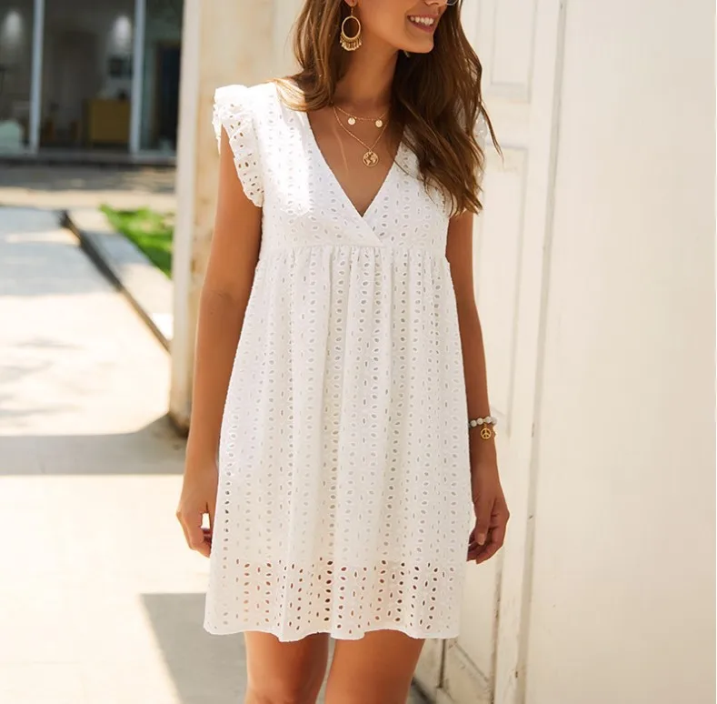 2024 Summer V-neck Short Sleeved Cotton High Waist Dress Elegant Commuter Women's Mid Length Skirt