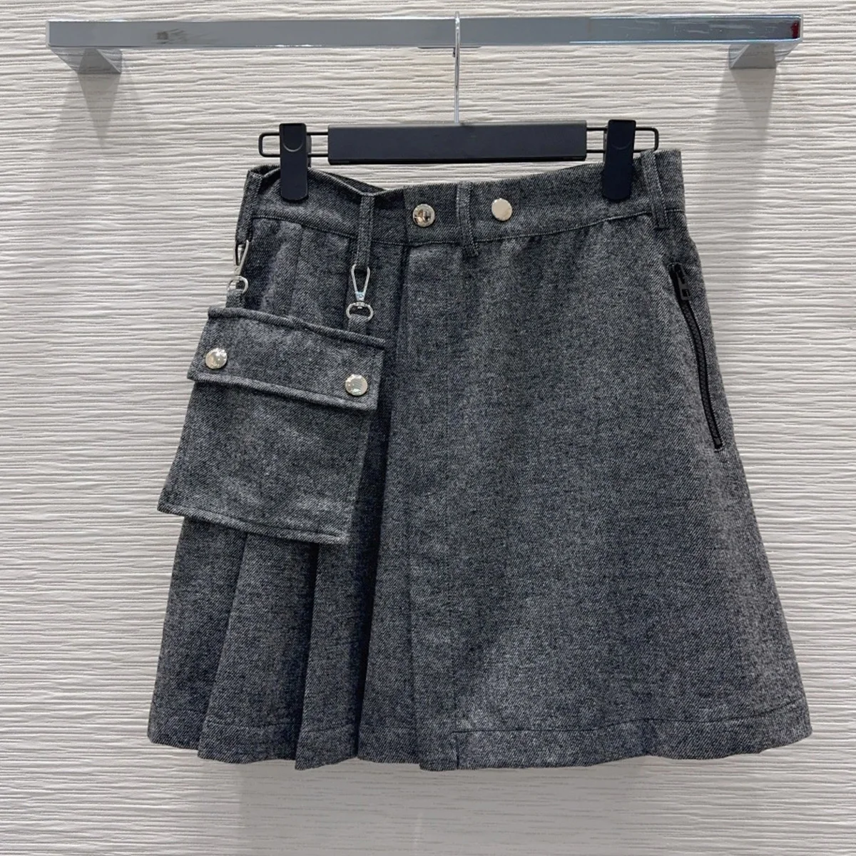 High Quality Women Grey Pleated Mini Skirt High Waist A-line Skirt With Detachable Pocket lyt2610750