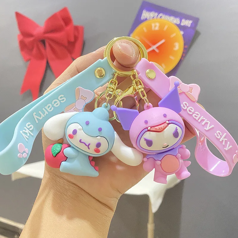 Sanrio Cute Dinosaur Series Keychain Kuromi Cinnamoroll Keyrings for Women Girls Accessories