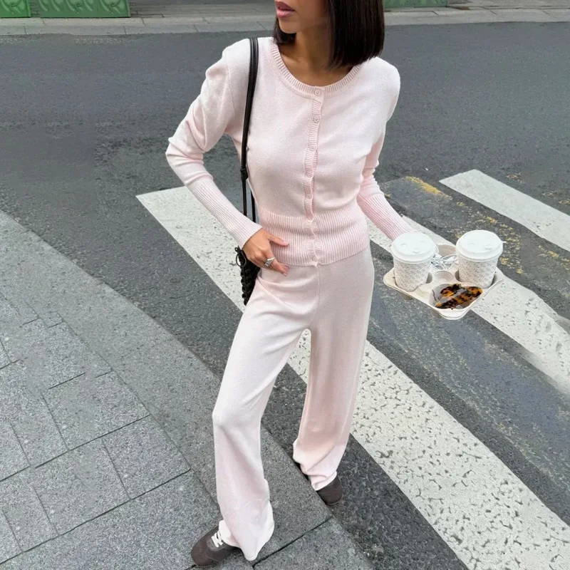 Ticketsx Women's Trousers 2 Piece Solid Knit Cardigan Straight Lace-up Trousers Set Vintage Streetwear Commuter Casual Pant Sets