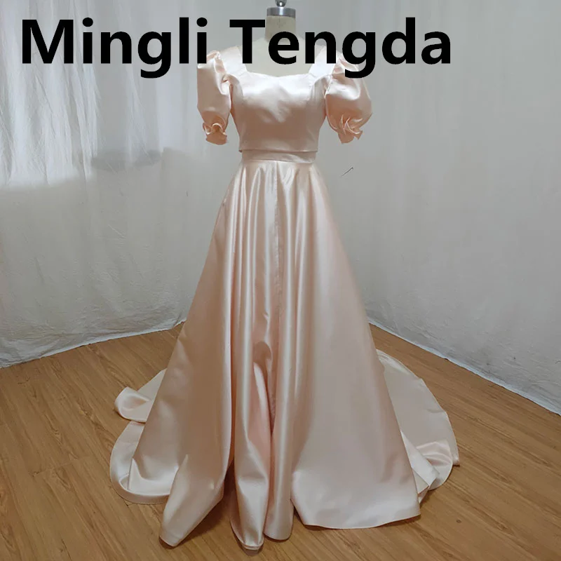 Mingli Tengda Apricot Two-piece Satin Set Evening party women Dresses Scoop Half Cap Sleeves Formal Evening Dress Pockets Train