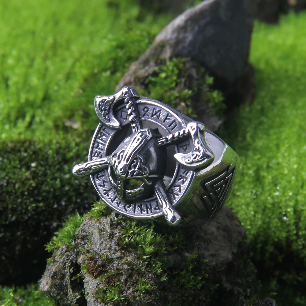 Stainless Steel Men Viking Warrior with viking axe on viking Shield pendant necklace and ring as men gift