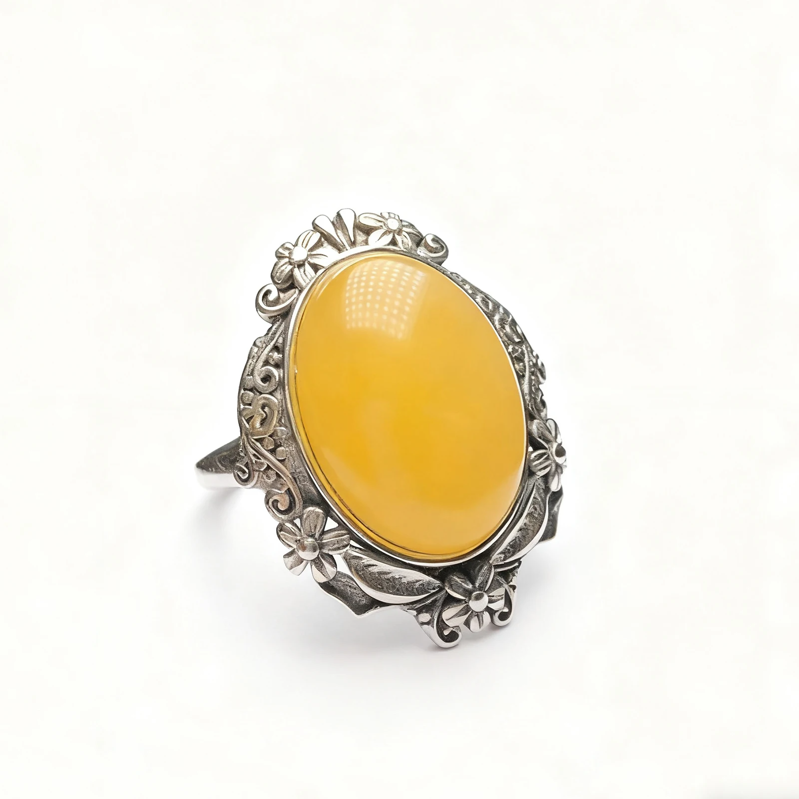 

Natural Baltic Amber Ring Sterling Silver Floral Filigree Carving Scroll Design 18x13.1x9.1mm