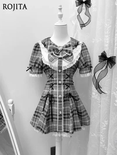 

Japanese Subculture Girl Gray Pink Plaid Short Sleeve Tie Slim Dress Set College Style Sweet Set Ladies Two Piece Set Outfits