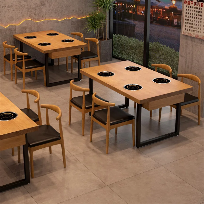 Hot pot restaurant table induction cooker integrated theme restaurant solid wood dining table commercial rectangular dining tabl