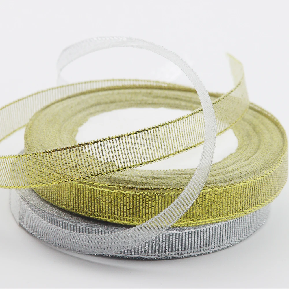 

22 M/Roll 0.6 CM Gold And Silver Shallot Gauze Ribbon Wedding Party Decoration DIY Gift Box Gift Bow Wrapped Ribbon
