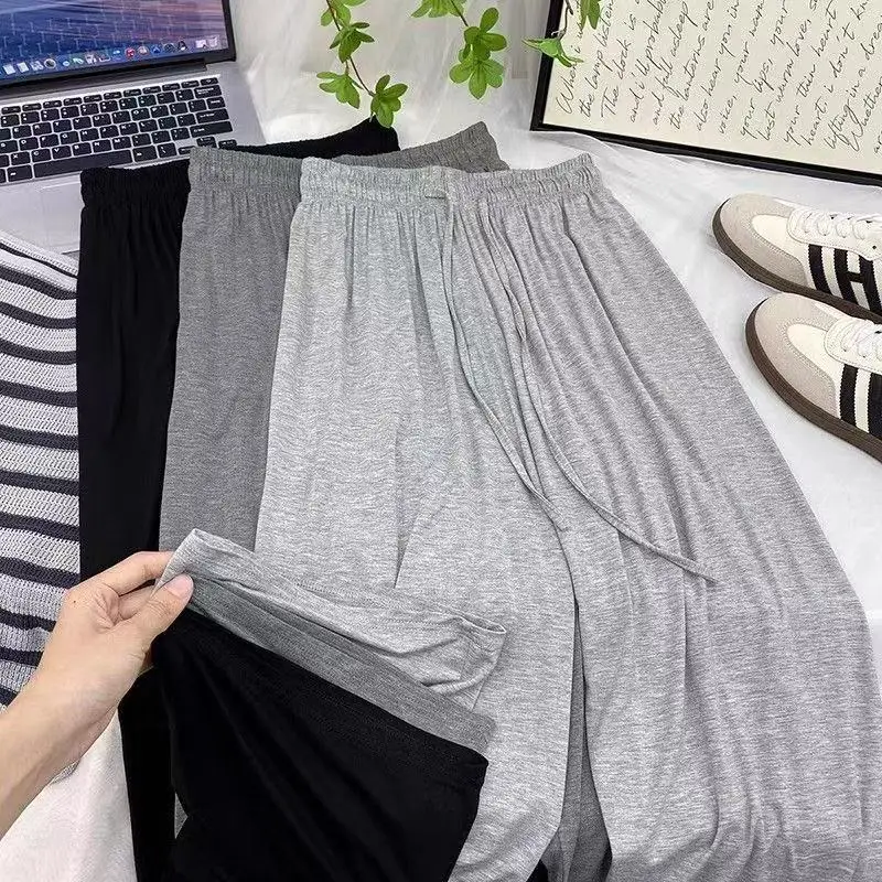 Plus Size Women Modal Pants Summer High Waist Wide Leg Flowy Loose Straight Trousers Casual Ice Silk Slim Streetwear Women Pants