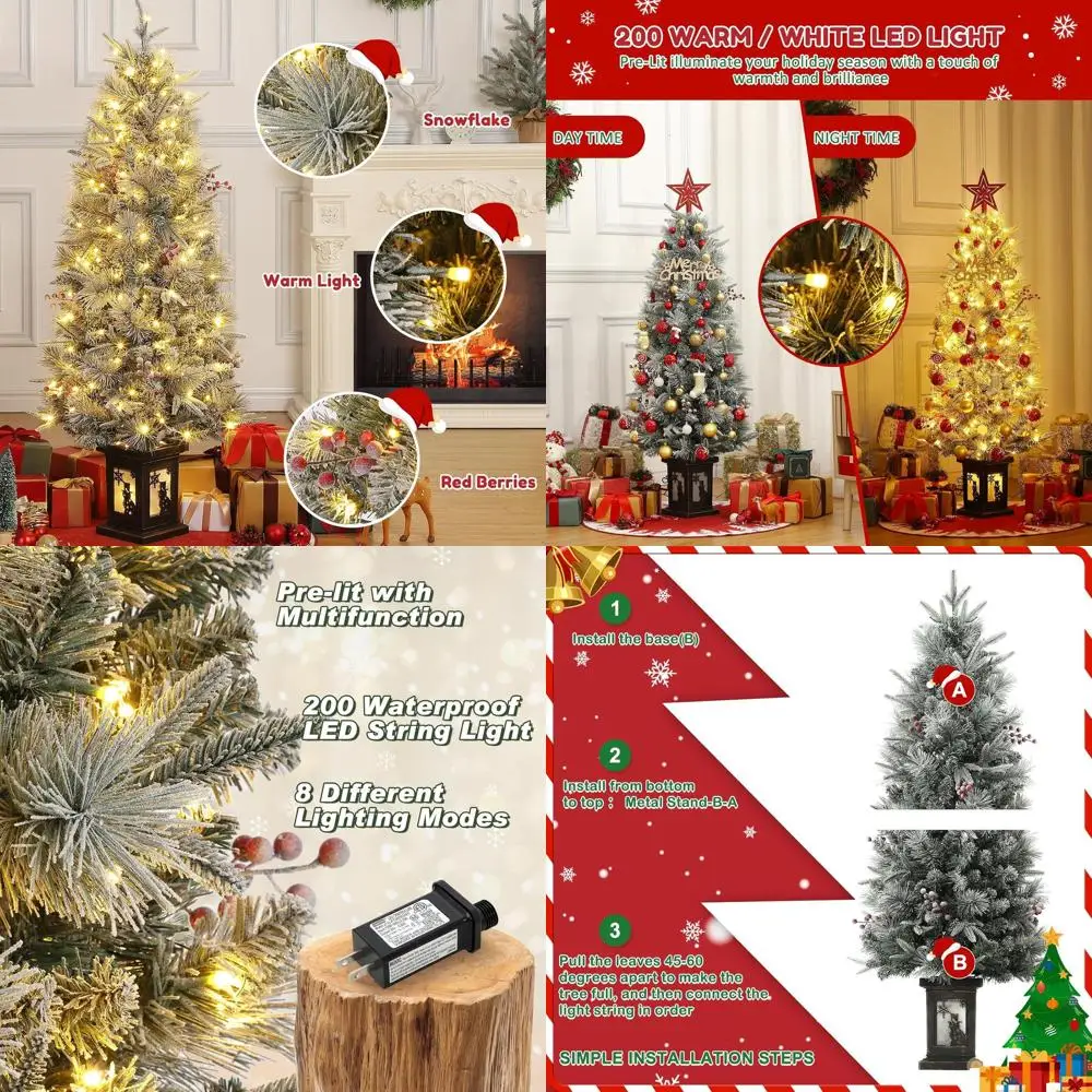 

Flocked 4.5ft Pre-Lit Christmas Tree with 386 Tips, 200 Lights, and Pine Cones on Snowman Base