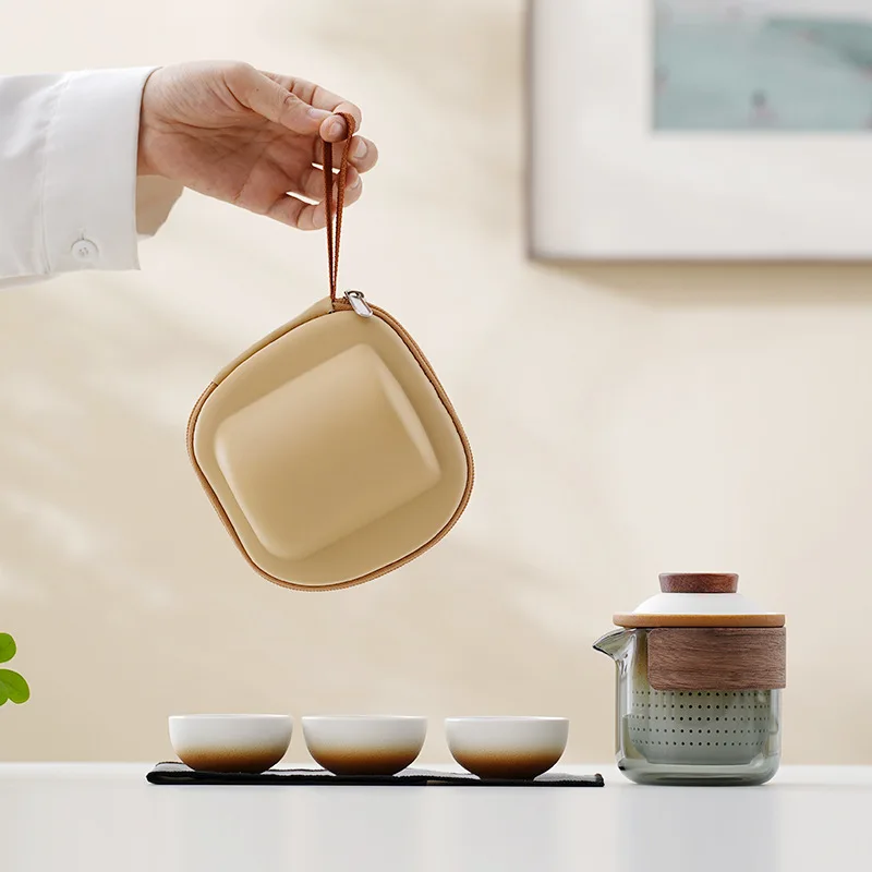 

Набор для чаепития Кунг-фу, портативная чашка Куайке, один чайник, три чашки, керамический дорожный набор для чаепития для кемпинга на открытом воздухе, подарки с возможностью персонализации