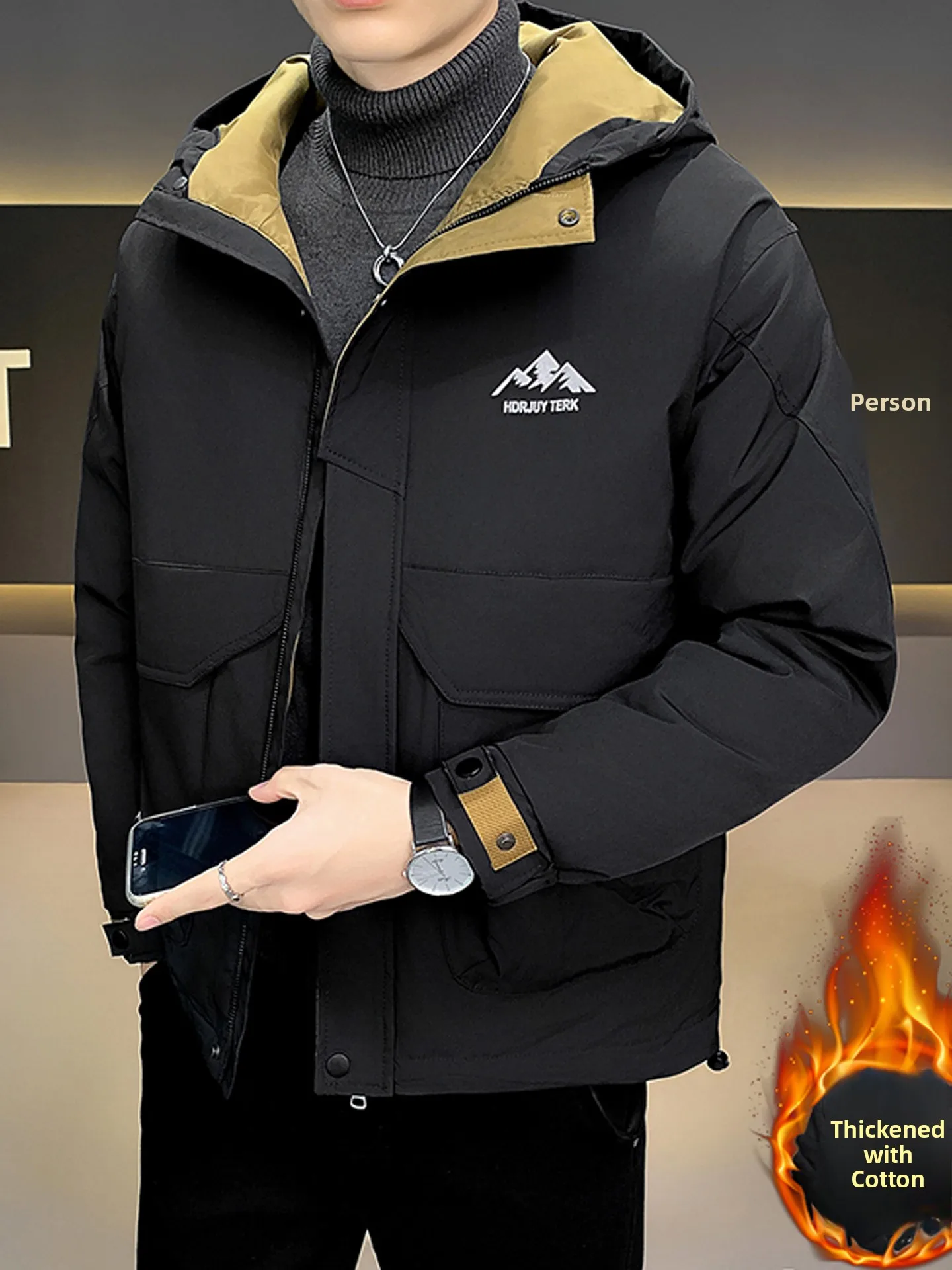 

2025 New Men's Hooded Jaet Thiened Cotton Autumn Winter Coat Workwear Sle Zipper Decoration Long Sve Regular Fit Jaet