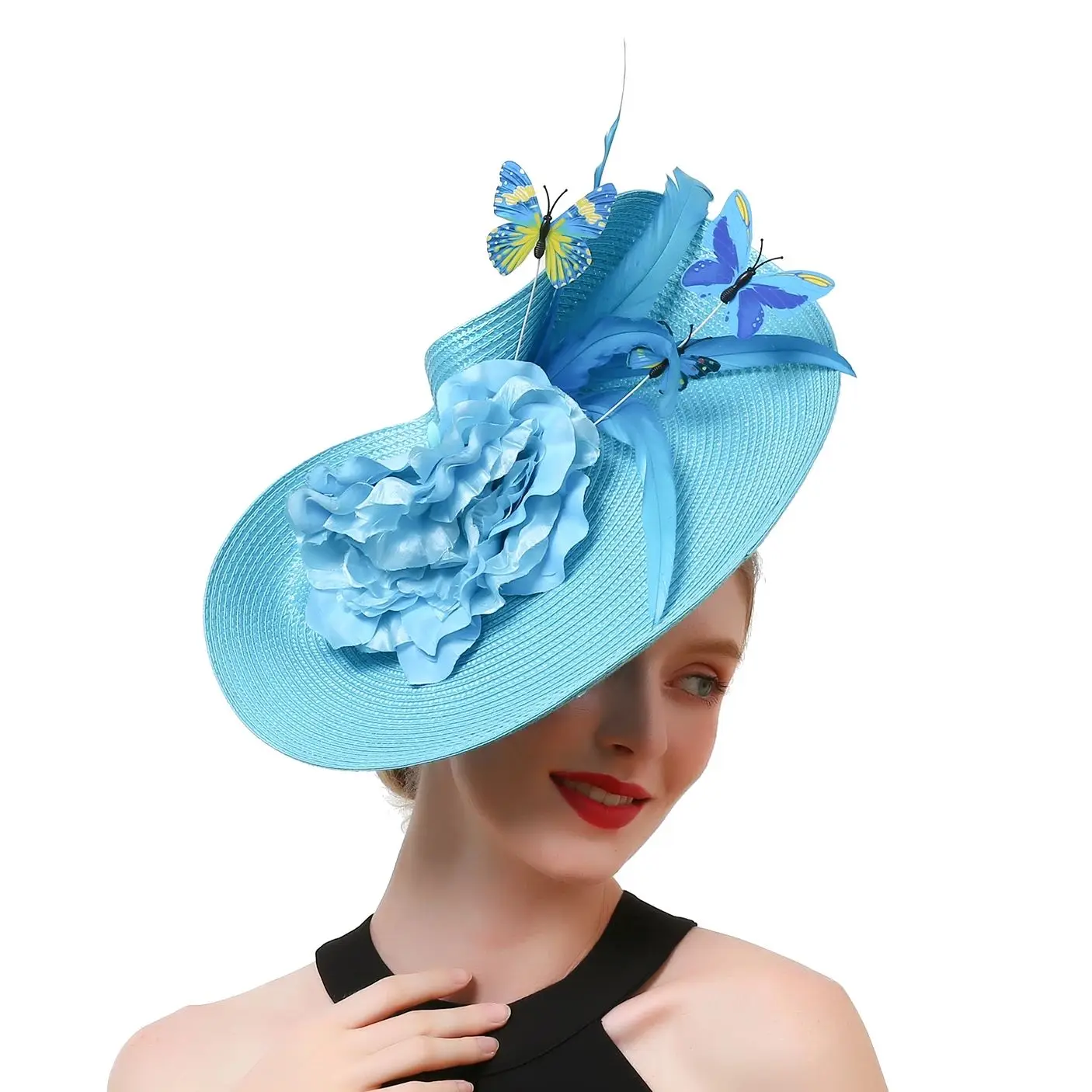 

Самая популярная красочная цветочная шляпа-волшебница, модная соломенная шляпа с бабочкой, чаепитие, официальная шляпа с перьями для женщин, украшение