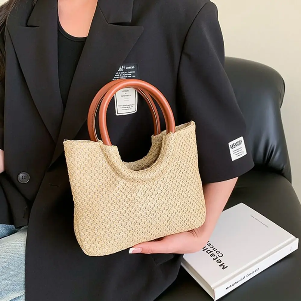 Bolsa coreana de trama simples para mulheres, grande capacidade, couro PU, boêmia, bolsa de praia, palha, bolsa de ombro, feriado