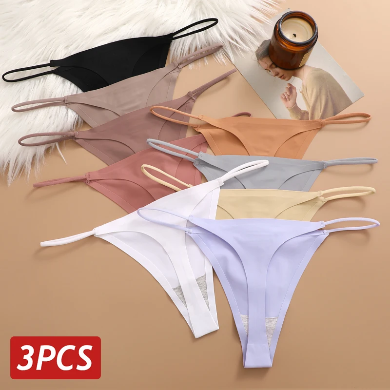 3PCS/Set Silk Seamless Thongs for Women Sexy Low Rise Panties Female Ultra Thin Breathable Underwear G-String T-Back Underpants