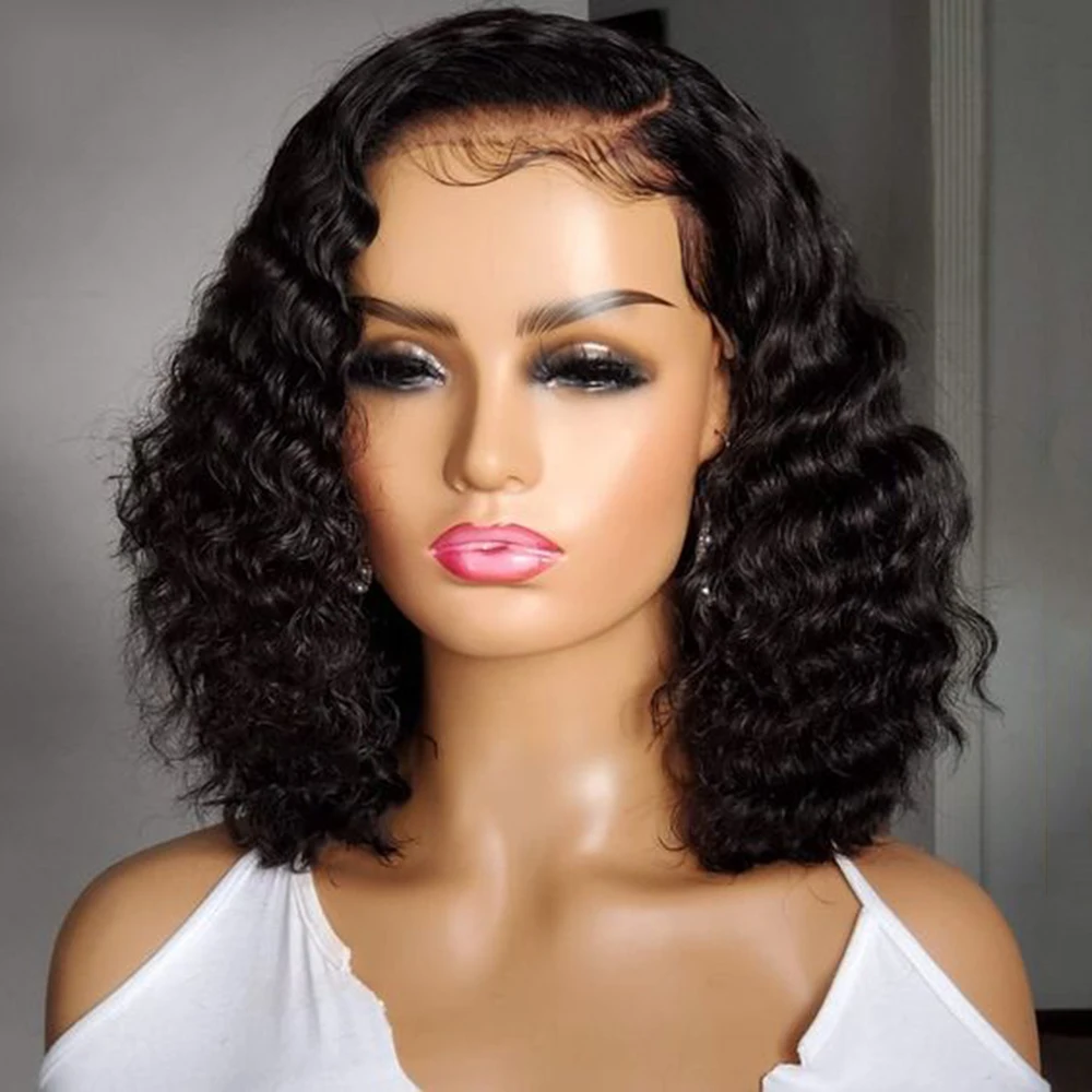 

Brazilian Deep Wave Bob Wig 13x4 Lace Frontal Human Hair Natural Hairline Short Curly Side Part Lace Wig Preplucked Remy Hair