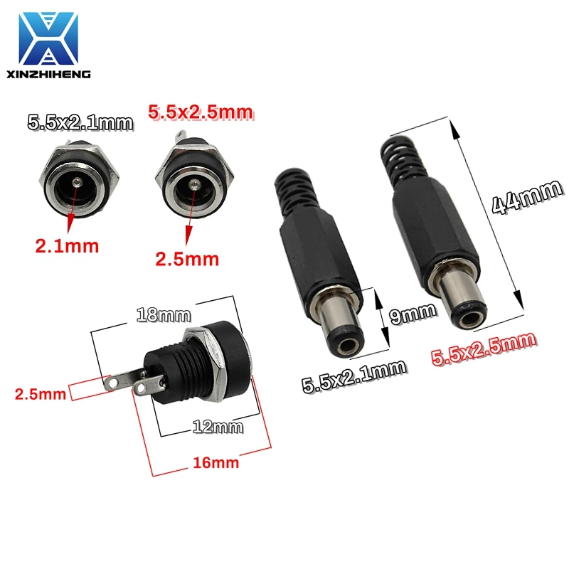 5Pair(10pcs) 3A 12V 5.5x2.1/2.5mm DC022B&DC005 DC Power Socket Female Jack Male Plug Screw Nut Panel Mount Connector DC-022B Kit
