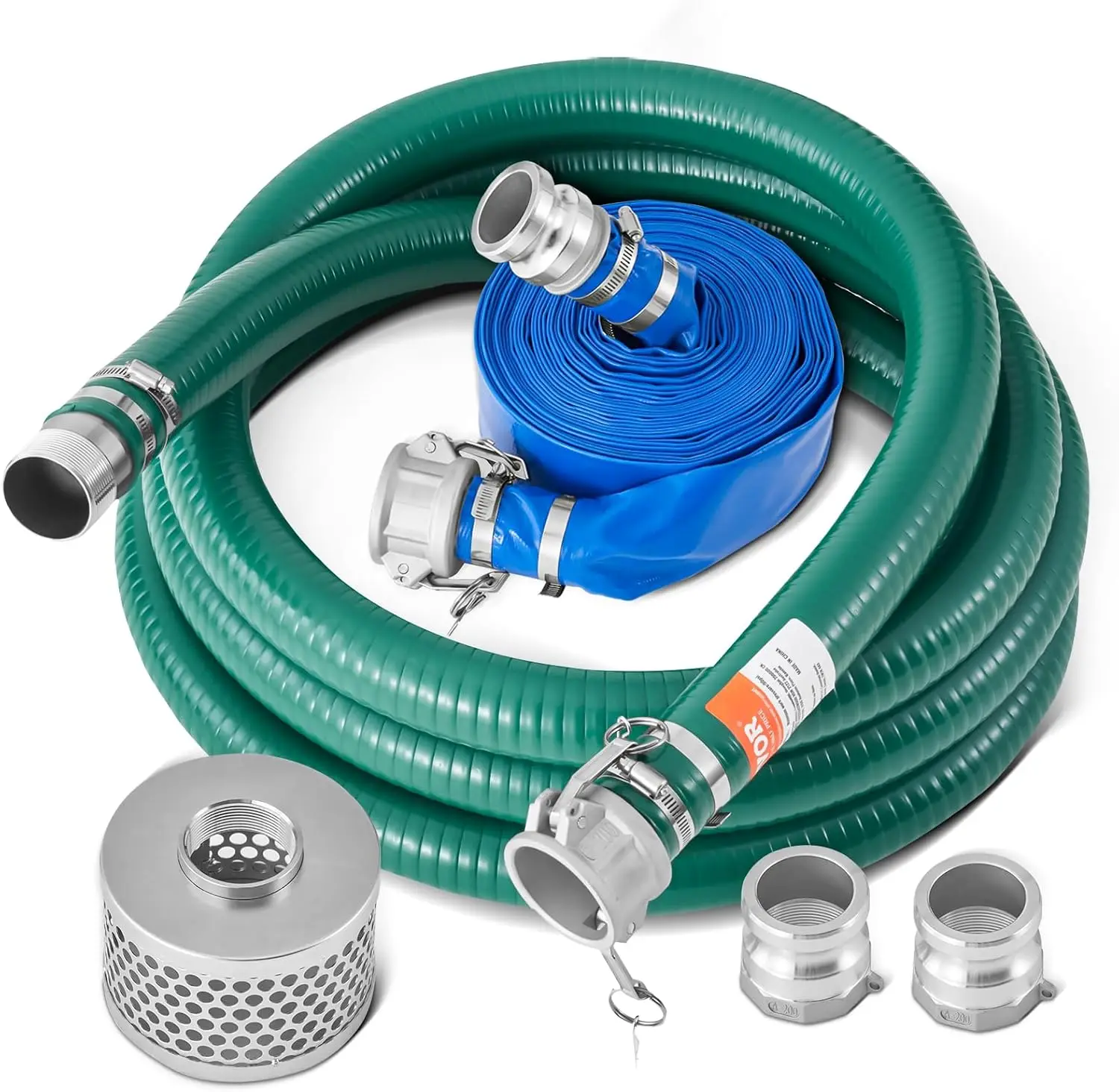 Suction Hose Kit for Water Pump, with 2 in x 65 ft Blue Backwash Hose, 20 ft Green Suction Hose, and Steel Round Hole Strainer,