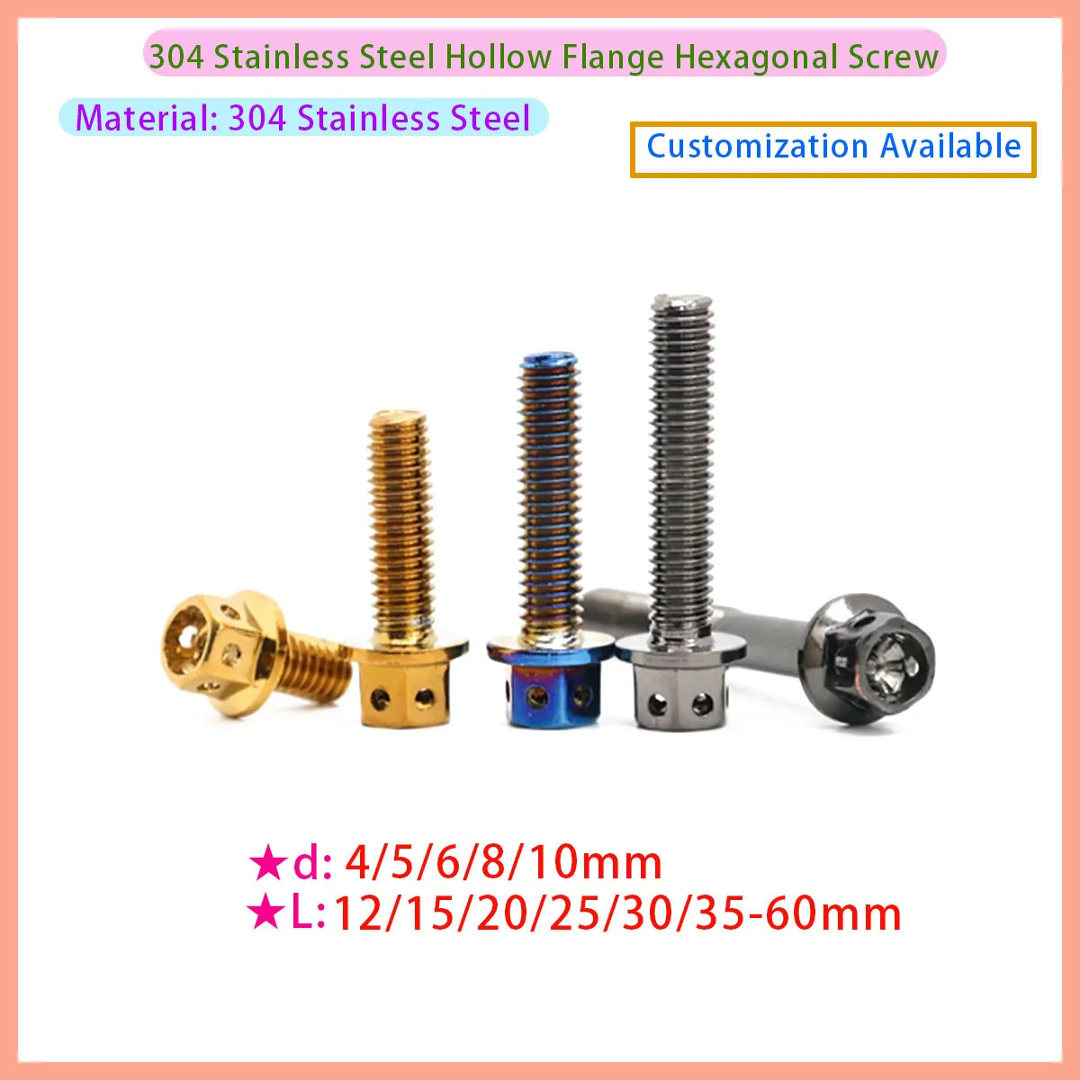 304 Stainless Steel Titanium Plated Flange Screws, Suitable for Motorcycle Engine/exhaust/brake Calipers M4 M5 M6 M8 M10