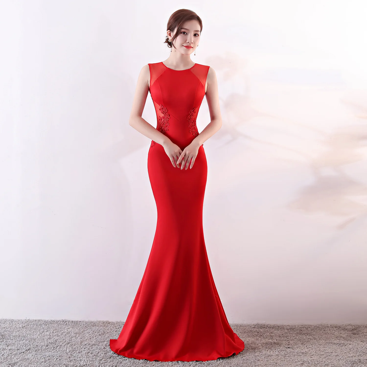 Evening Dress Red Appliques StretchyO-neck Sleeveless Zipper Back Mermaid Trumpet Floor Length Women Party Formal Gowns YE197