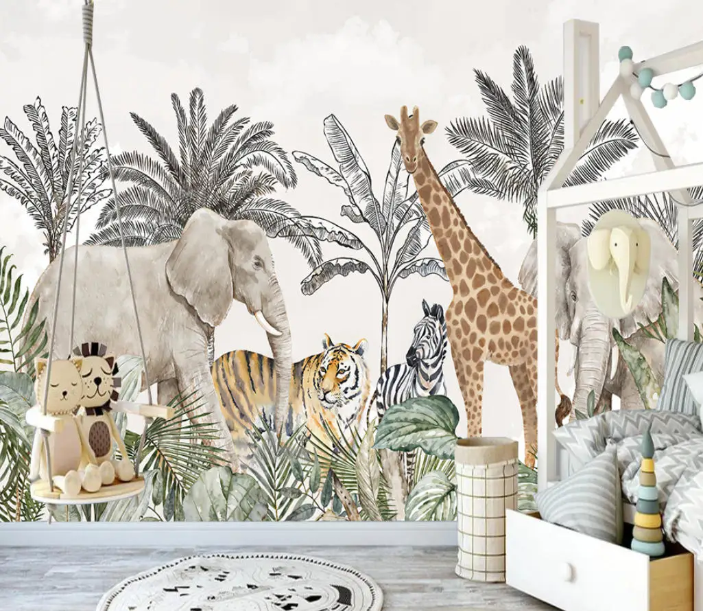 Custom wallpaper Jungle plants elephant giraffe Southeast Asian wallpaper high-end  American retro tropical wall sticker mural