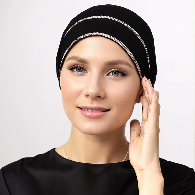 New Modal Rhinestone Band Muslim Turban Hat Inner Hijab Caps Islamic Underscarf Bonnet India Hats Female Headwrap Turbante Mujer