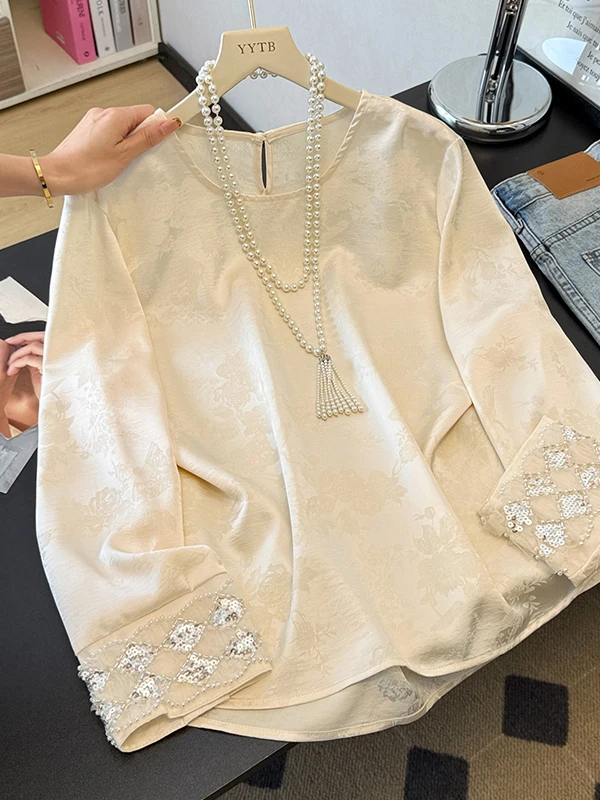 

New Chinese Sle Satin Embroidered Beaded Base Layer irt Women's Loose Casual Overhead Top Spring Autumn Versatile