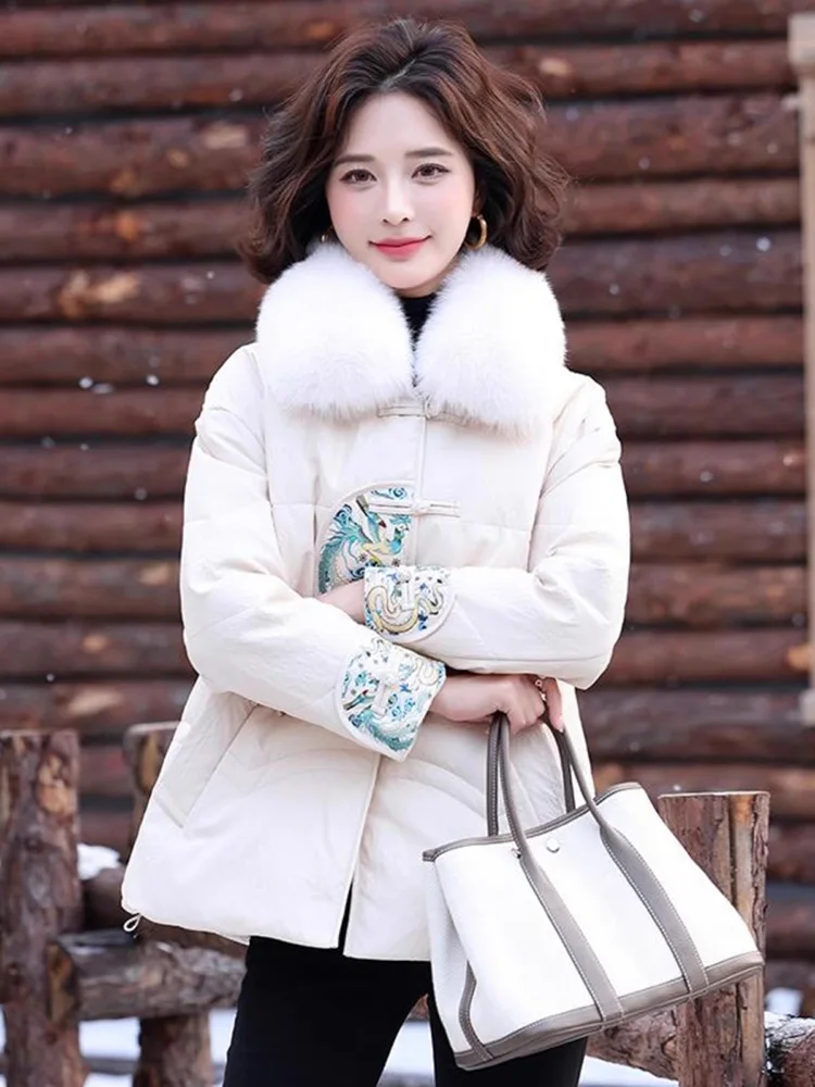 New Women Autumn Winter Chinese Style Leather Down Jacket Fashion Fox Fur Collar Frog Loose Down Jacket Casual Thick Warm Coat
