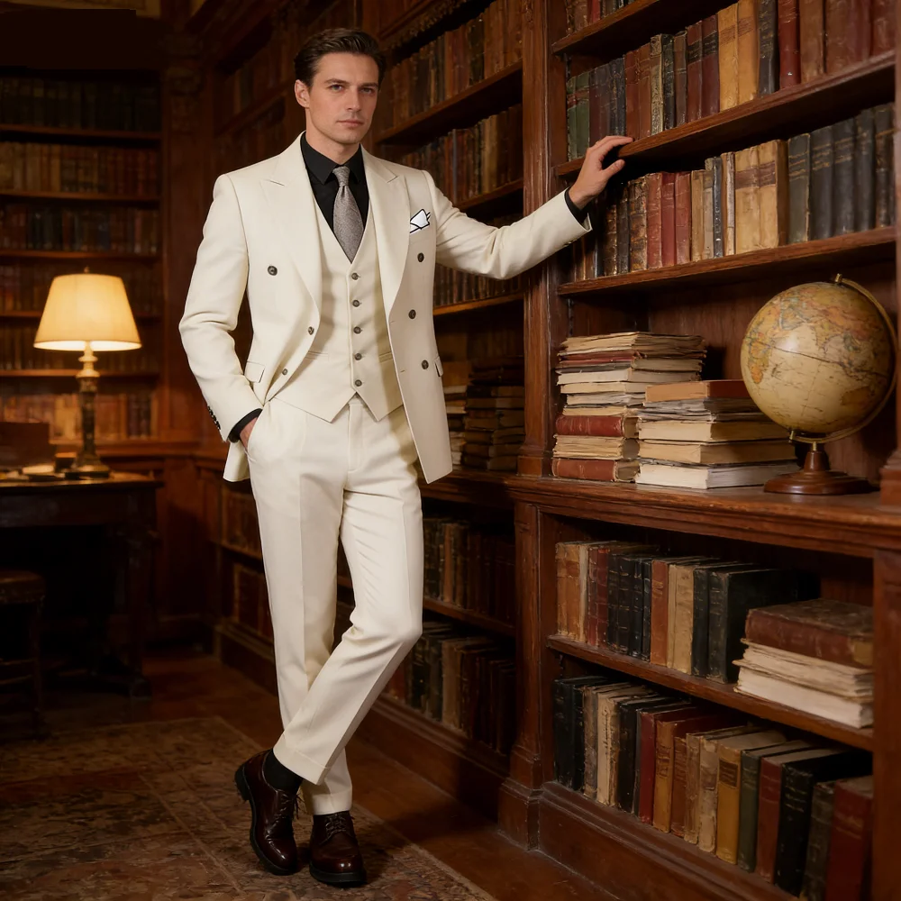 

Customizable Men's White Terno Three-Piece Suit with Cream Lapel Jacket Pants Vest Set with Chest Buckle Adjustment